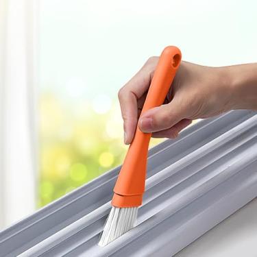 Imagem de Escova de limpeza de fendas, esfregão de detalhes de cerdas duras com borda raspadora integrada, para uso no canto da pia do teclado da janela da cozinha, laranja