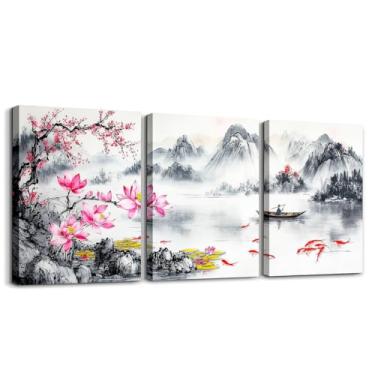 Imagem de Manfei Arte de parede em tela estilo retrô, estampa de peixe koi vermelho flor de cerejeira impressão de decoração de parede para decoração de casa para sala de estar, quarto, pintura a tinta chinesa