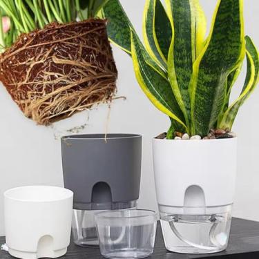 Imagem de 1/2 vasos de flores autoirrigáveis, vasos autoirrigáveis para plantas de interior, vasos de plástico com corda de algodão absorvente (branco e cinza)