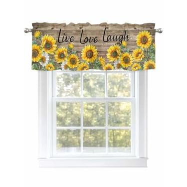 Imagem de Cortinas amarelas de girassol para janelas Live Love Lough para janelas de sala de estar/banheiro, cortina de café com bolso de haste. 1 painel, textura de madeira country de 137 cm x 45 cm
