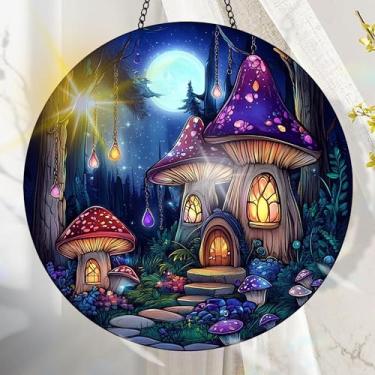 Imagem de Suncatcher acrílico colorido, decoração de janela suspensa de cogumelo com design de vitral impresso, apanhador de sol, arte de parede de arco-íris, ideia de presente e ornamento de jardim, uso