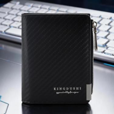 Imagem de Carteira masculina de fibra de carbono, dobra dupla, cor sólida, botão de pressão, com zíper, 6 compartimentos para cartões, 1 janela para identidade, Preto, small, Casual