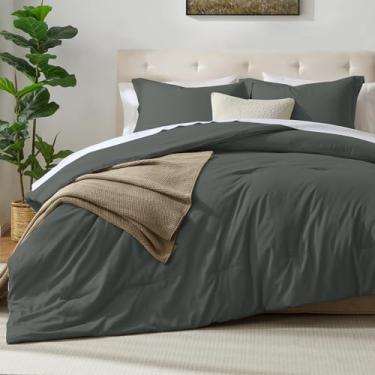 Imagem de satisomnia Conjunto de edredom Queen, cinza escuro, tamanho casal, leve, macio, respirável, 3 peças lisas para todas as estações