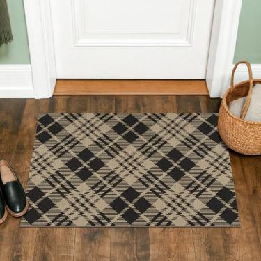 Imagem de JTJ Tapetes de entrada internos pretos e brancos 5 x 7 – Tapete com detalhes em tecido de juta fácil para área interna, cozinha, quarto, lavável, pilha, vintage, decoração clássica