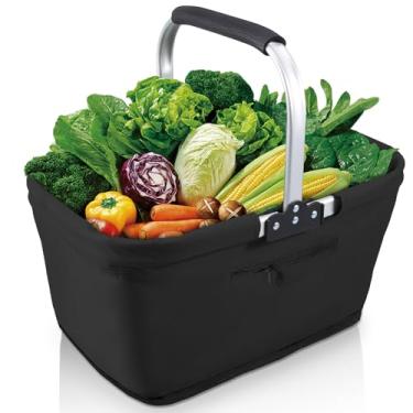 Imagem de Cesta de piquenique dobrável de tecido Oxford 600D com alça de liga de alumínio e bolso com zíper, cesta de compras dobrável de 23 L para compras de piquenique de viagem (preto)