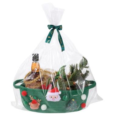 Imagem de Conjunto de embrulho vazio de cesta de Natal - pequena cesta de tecido com sacos e fitas, cesta de corda de algodão de Natal com alça, caixa de presente de lanche de brinquedo de armazenamento para