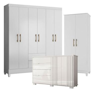 Imagem de Guarda Roupa Casal Panamá Com Cômoda Texas E Armário Multiuso Jade Branco Brilho- Moval