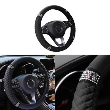 Imagem de Couslcd Capa de volante de carro brilhante, protetor de volante elástico de couro macio de strass de 38 cm, diamante de cristal brilhante para mulheres e meninas, acessórios de interior de carro para