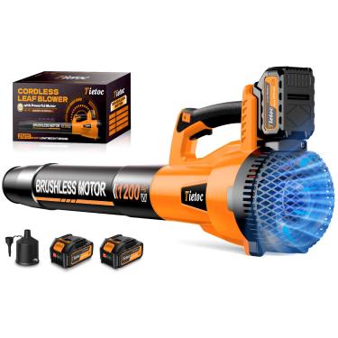 Imagem de Tietoc Soprador de folhas elétrico sem fio, 735 CFM/200 MPH sem escovas com 2 baterias de 5,0 Ah, 6 níveis de velocidade, 2 tubos e bocais estendidos, sopradores de folhas potentes para jardim