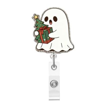 Imagem de Carretel de crachá de Natal, lindo emblema de acrílico fantasma para crachá de identificação, suporte retrátil telescópico divertido de clipe de jacaré, acessórios para enfermeiras, profissionais de
