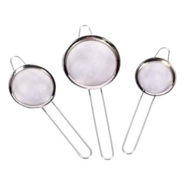 Imagem de Kit de Peneiras Inox para Cozinha, Conjunto 3 Peças, Coador em Aço Inoxidável para Farinha, Suco e Chá, Utensílio Doméstico com Alça