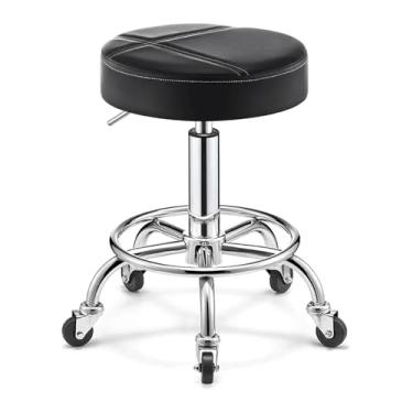 Imagem de LULUMAIC Banqueta de trabalho redonda 360° Giratória 44-60 cm Banco ajustável de altura com 5 rodas e pé