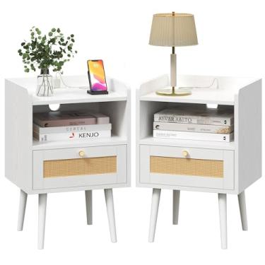 Imagem de Conjunto de 2 mesas-de-cabeceira, mesas de cabeceira com estação de carregamento, mesas de canto de vime, mesas laterais de cama boho, mesas de cabeceira de madeira, conjunto de 2 para quarto infantil
