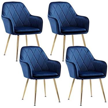 Imagem de Conjunto de 4 cadeiras modernas de sala de jantar de veludo para sala de estar, cadeiras de lazer com pernas de metal, apoios de braços e encostos para sala de jantar e quarto (cor: azul)