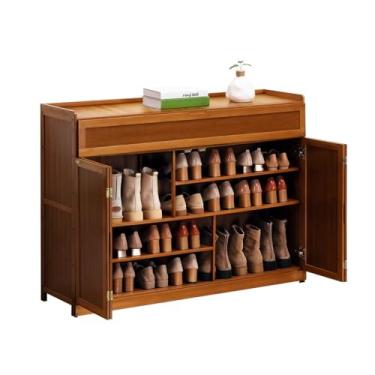 Imagem de Armário de armazenamento de sapatos com porta dobrável, armário de sapatos de bambu, armário de entrada de madeira de 5/6/7 camadas, economiza espaço, montagem fácil, para armário, corredor, C