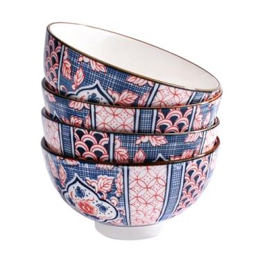 Imagem de Tigelas de arroz de cerâmica estilo japonês, padrão floral tradicional, 12 cm de diâmetro, conjunto de 4 (HY)