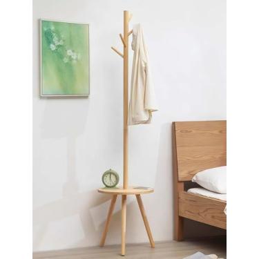 Imagem de mwpqbd Cabide moderno de madeira de pinho com mesa lateral, acabamento natural, suporte no chão, 160 cm de altura, ganchos estilo árvore, solução de armazenamento minimalista para entrada e quarto