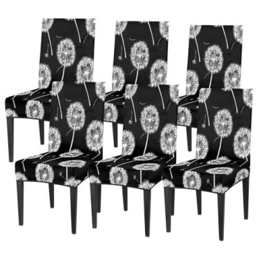 Imagem de Conjunto de 6 capas elásticas para cadeira de sala de jantar, capa protetora de assento de flor, dente-de-leão, preto, removível, lavável, para cozinha, casa, hotel, banquete, festa de casamento
