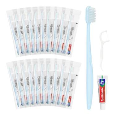 Imagem de LLHQAMT Escovas de dentes descartáveis com pasta de dente, kit de escova de dentes para viagem, embalado individualmente, azul claro, com palhetas de fio dental, adequado para hotel, casa, acampamento