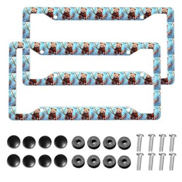 Imagem de Muishi 【2 peças】 Linda moldura de placa de licença de panda vermelha de alumínio suporte de placa de licença engraçada decorativa com parafusos tamanho 31,2 cm x 16 cm homens mulheres