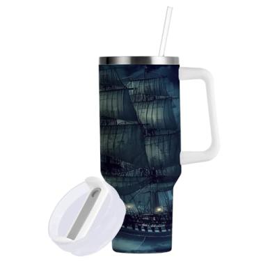 Imagem de ATTX Copo de navio pirata de 850 g com alça - Caneca de viagem de aço inoxidável isolada a vácuo, xícara de café à prova de vazamento com canudo #885