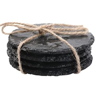 Imagem de Conjunto de porta-copos de ardósia natural, pedra preta redonda, conjunto de 4 peças com corda de juta, decoração de casa rústica