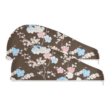 Imagem de SEHANY Toalha de cabelo de microfibra de flores coloridas elegantes para mulheres, 2 peças, turbantes de cabelo de secagem rápida com botão, touca de cabelo seco absorvente toalha de secagem de cabelo