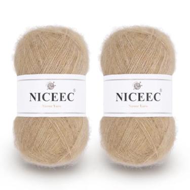 Imagem de NICEEC 2 novelos de fio de mohair de pelo longo, fofo e felpudo, luxuoso e fino, fio de mistura de lã para crochê e tricô, total de 79,9 g/788 m - Camelo claro