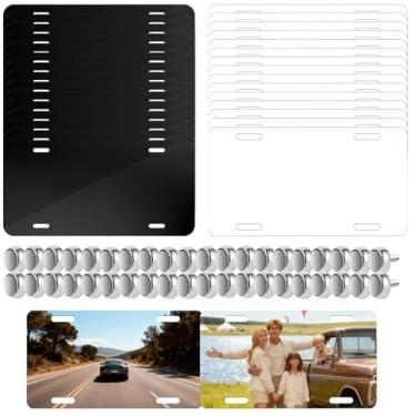 Imagem de Pacote com 50 placas de licença de sublimação, 25 pretas e 25 brancas, placas de licença personalizadas de alumínio de metal DIY com conjuntos de parafusos Placa de licença em branco de sublimação de