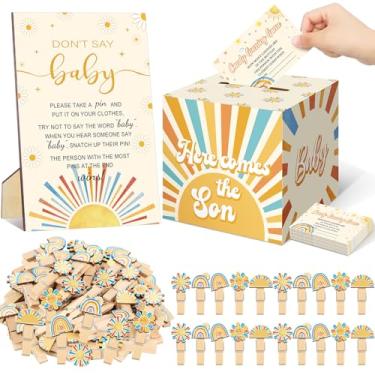 Imagem de Dispowreath 102 peças Here Comes the Son Baby Shower Game Supplies Raffle Tickets with Diaper Raffle Card Box Don't Say Baby Sign Mini Retro Sunshine Clothprin Game Decor for Gender Reveal Favor
