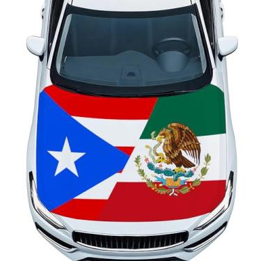 Imagem de Capa de capô de carro com bandeira do México de Porto Rico, poliéster elástico, ajuste universal, 9 x 5 pés, faixa de capô automotivo extensível