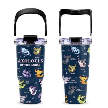 Imagem de NIAXAUYT Axolotl Gifts, copo de axolote com alça superior e tampa de canudo flip copos de viagem isolados de aço inoxidável de 590 ml - material de axolote - ideias de aniversário de Natal para
