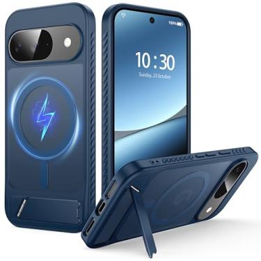 Imagem de FNDMIL Capa para Google Pixel 9/Pixel 9 Pro com MagSafe [suporte invisível] [carregar em pé] [militar à prova de choque] Capa de celular transparente fosca de silicone macio Pixel 9/9 Pro, azul