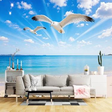 Imagem de Murais de parede de tamanho personalizado, praia raios de sol gaivotas oceano estrela do mar tecido de parede autoadesivo (sem PVC) papel de parede grande removível para sala de estar, quarto