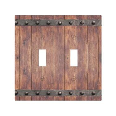 Imagem de JDAKHD Placas decorativas para interruptores de luz, madeira, vintage, quinta, rústico, placa de parede de 2 grupos, exclusivo interruptor duplo de interruptor de luz, portas de celeiro de madeira