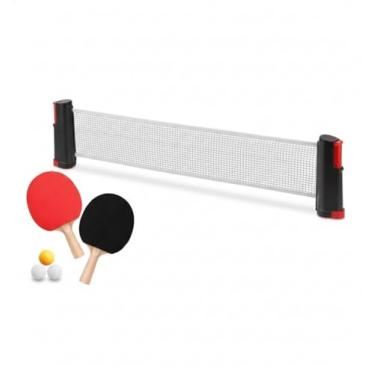 Imagem de Kit Ping Pong com 2 Raquetes de Madeira, 3 Bolas e Rede Retrátil até 1,68 cm, Preto com Vermelho, para 2-4 Jogadores
