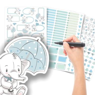 Imagem de Etiqueta Escolar Menino com TAG + Caneta (Elefante Azul, Kit de Etiquetas)