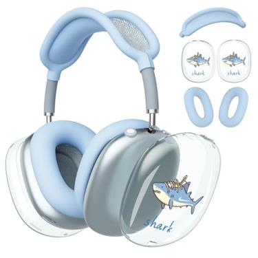 Imagem de BlHMCASE Capa de fone de ouvido para AirPods Max, capas fofas de tubarão kawaii transparente, capa de silicone azul para fones de ouvido para Apple AirPods Max