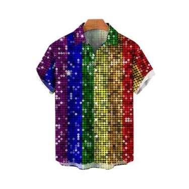 Imagem de Camisas Havaianas Masculinas Casuais Com Botões, Estampa Listrada Em 3