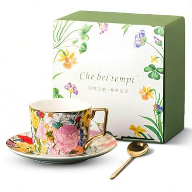 Imagem de Moqidadii Xícara de chá floral azul e rosa de 227 g com colher – xícara de chá de porcelana vintage com borda dourada, conjunto de caixa de presente para mulheres, chá da tarde ou exibição de
