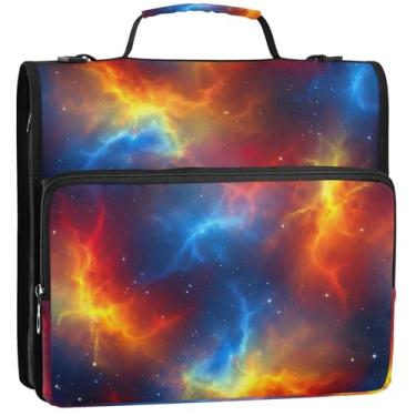 Imagem de Pasta de tecido de 3,8 cm com 3 anéis coloridos galáxia nebulosa espaço organizador de fichário com zíper para 500 folhas, bolsa escolar com alça de ombro, 34,5 x 31,5 x 9 cm