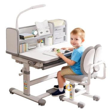 Imagem de SMIXLVY Conjunto de mesa e cadeira infantil, cinza, 3 a 18 anos, ergonômico, altura ajustável, mesa de estudo escolar, meninos e meninas, conjunto de mesa e cadeira com armazenamento, mesa e cadeira