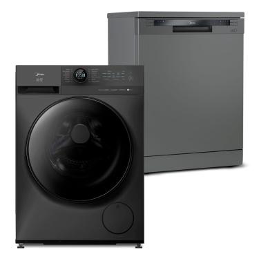 Imagem de Kit Lava e Seca 11kg Titanium Slim HealthGuard Conectada + Lava Louças 14 Serviços Cinza Midea