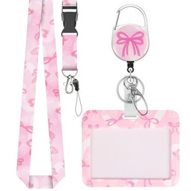 Imagem de Uniclife Porta-crachá deslizante moderno com padrão de laço com mosquetão retrátil e protetor de cartão de cordão removível para trabalhadores de escritório, professores, estudantes