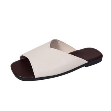 Imagem de Chinelo feminino moderno casual primavera e verão confortável cabeça quadrada bico aberto francês gola V um pé liso, Branco, 38