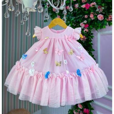 Imagem de Vestido Jardim das Borboletas Baby Liz Rosa Bebê - Tecido Tule e Polié