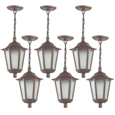 Imagem de Kit 6 Luminárias de Teto Colonial Pendente Grego 18x58cm Marrom Lente 