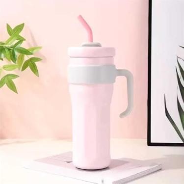 Imagem de Garrafa Térmica Tampa Rosqueável Aço Inox com Canudo Grande Capacidade 1200ml (Cinza/Rosa bebe,1200)