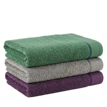 Imagem de Kit 3 Toalha de Banhão Eleganz 100% Algodão 500g/m² Super Macia, Alta Absorção, Tamanho Grande 72x150cm (Verde - Cinza - Purpura)