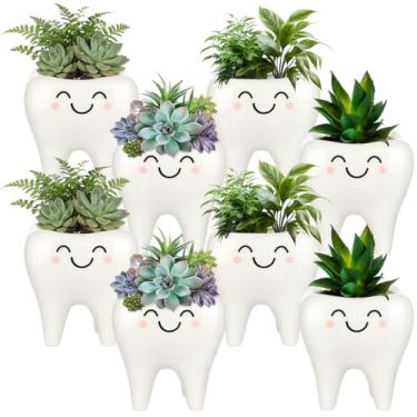 Imagem de FoldTier 8 peças de vasos de cerâmica em forma de dente mini porcelana suculentas recipientes para plantas presentes engraçados para decoração de escritório odontológico dentista assistente